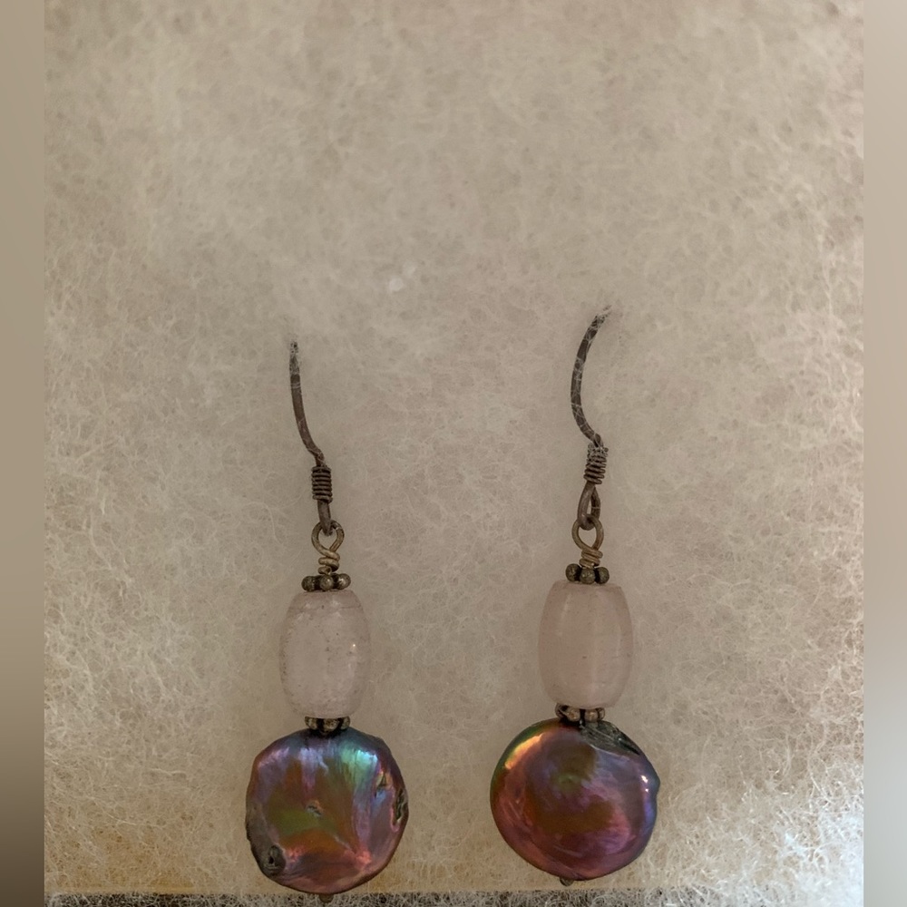 Pink Bead and Iridescent Shell Earrings